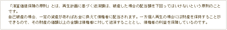 「清算価値保障の原則」とは、再生計画に基づく返済額は、破産した場合の配当額を下回ってはいけないという原則のことです。自己破産の場合、一定の資産があればお金に換えて債権者に配当されます。一方個人再生の場合には財産を保持することができるので、その財産の価額以上の金額は債権者に対して返済することとし、債権者の利益を保障しているのです。