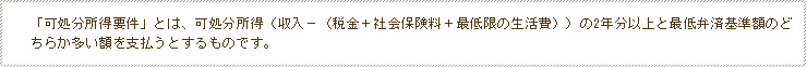 「可処分所得要件」とは、可処分所得（収入－（税金＋社会保険料＋最低限の生活費））の2年分以上と最低弁済基準額のどちらか多い額を支払うとするものです。